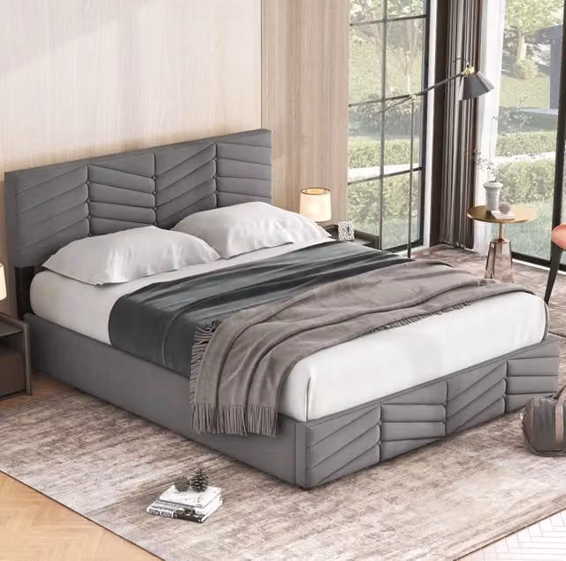 Letto imbottito matrimoniale 140x200 in velluto grigio con contenitore e testiera regolabile