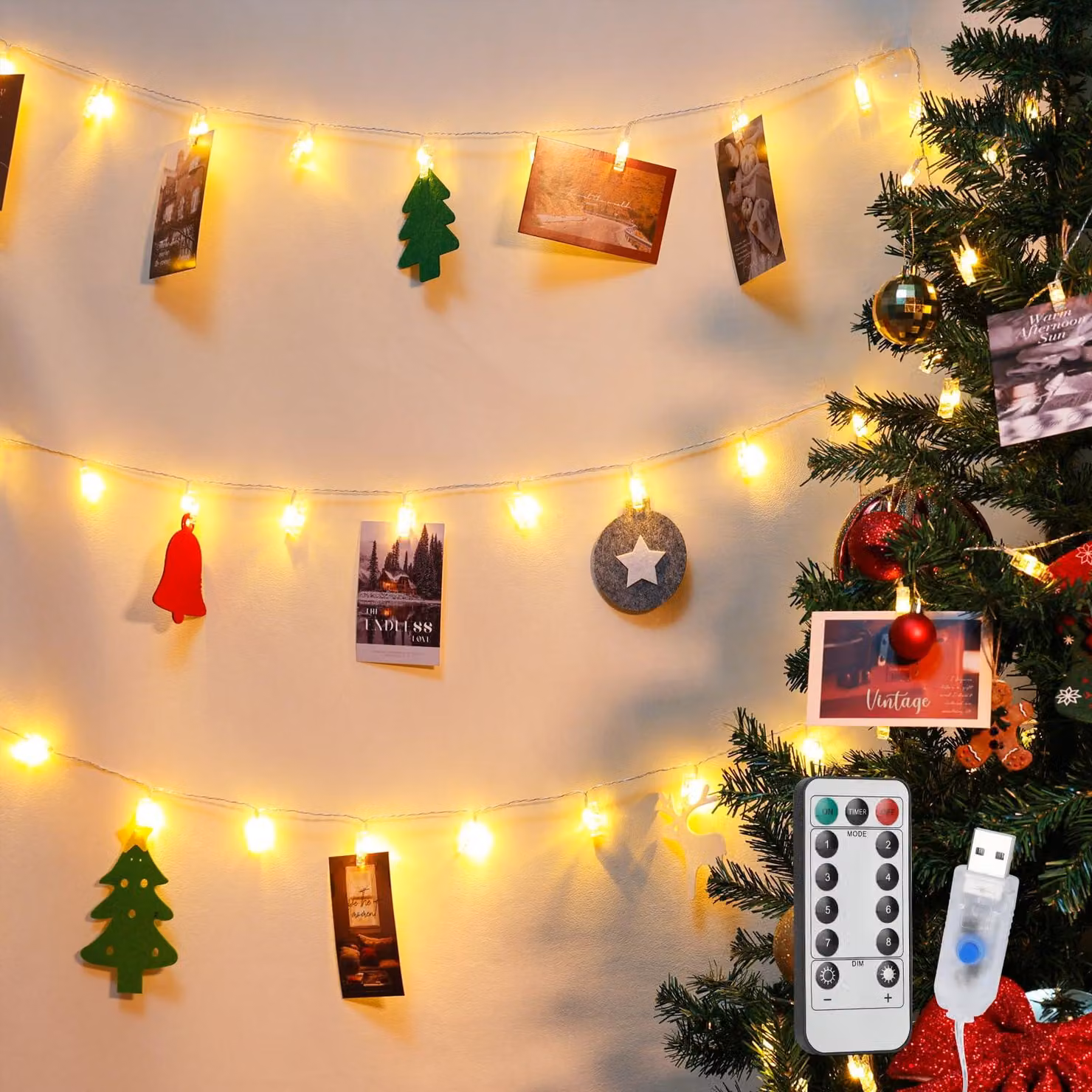 Catena luminosa a LED, lunghezza 3 metri, 20 LED, alimentazione USB, con clip per foto, luce bianco caldo