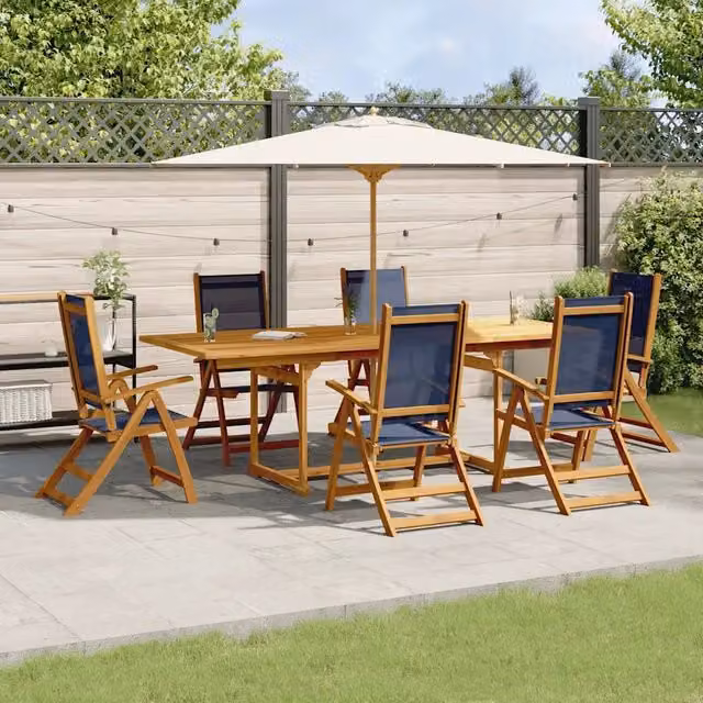 Set Pranzo da Giardino vidaXL in Legno di Acacia e Textilene, 7 Pezzi, Blu e Marrone – 1