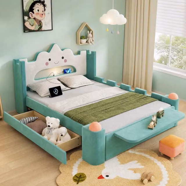 Letto moderno REDOM in tessuto blu con cassetti, luce LED, porta USB e mensola integrata L/P/H: 140 x 200 cm