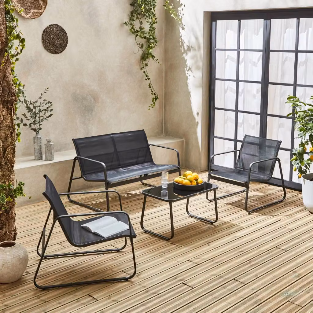 Set da salotto da giardino Sweeek in acciaio verniciato a polvere antracite con sedute imbottite e tavolino, 4 posti – 2