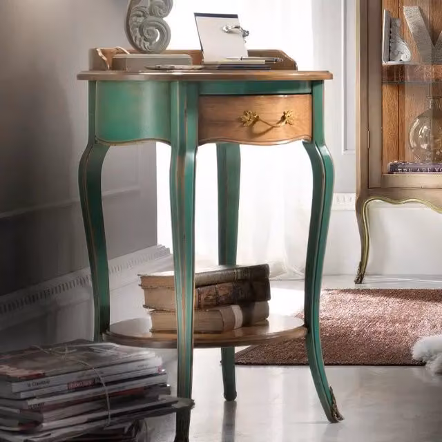 Porta telefono rotondo 1 cassetto legno verde shabby 57x57x83 - Mobili 2G