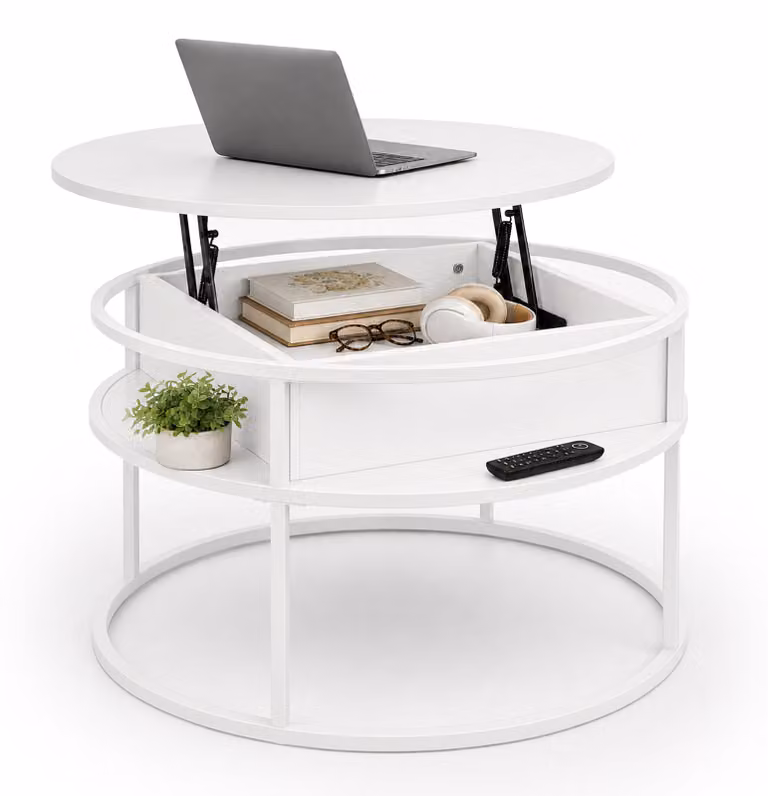 Tavolino Relaxdays con spazio contenitivo, dimensioni (altezza x diametro): 47 x 80 cm, piano sollevabile, realizzato in MDF e metallo, tavolino rotondo per divano, tavolino da salotto, colore bianco