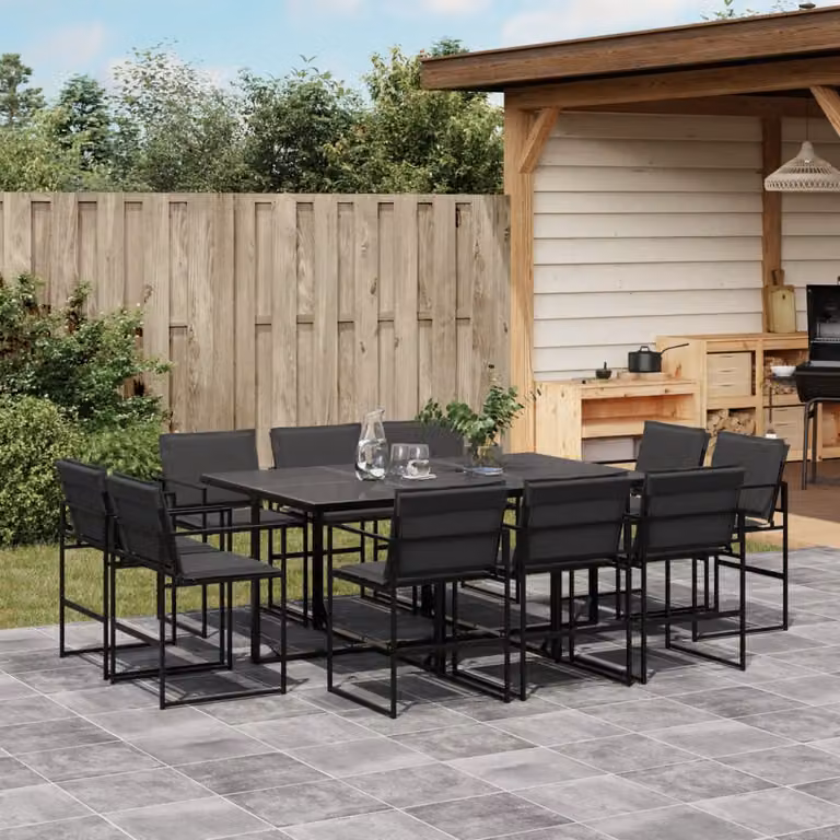 Set da Pranzo da Giardino vidaXL 11 pz in Acciaio Verniciato Nero e Grigio con Piano in Vetro