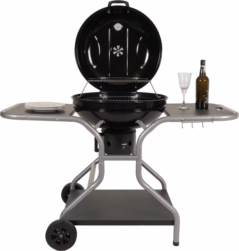 Carrello per barbecue HWC-N16, barbecue a carbonella barbecue da giardino con coperchio tre ripiani, acciaio smaltato 143x131x66cm nero