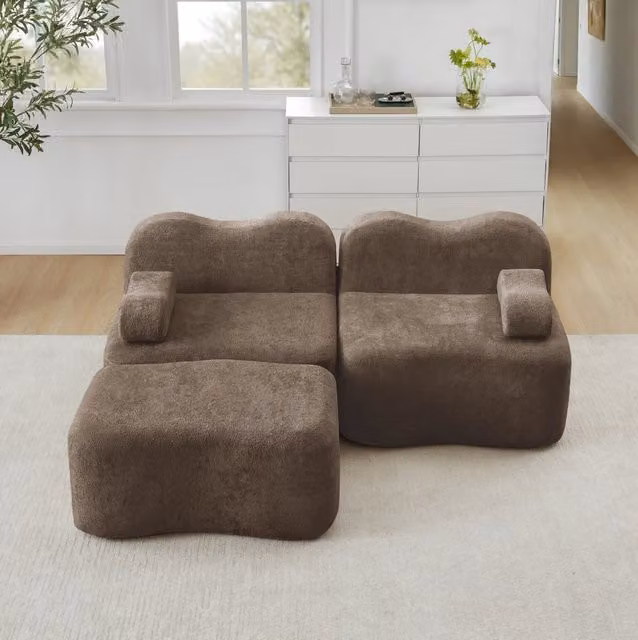 Divano modulare angolare in velluto marrone con pouf; 192x167x70 cm; senza montaggio