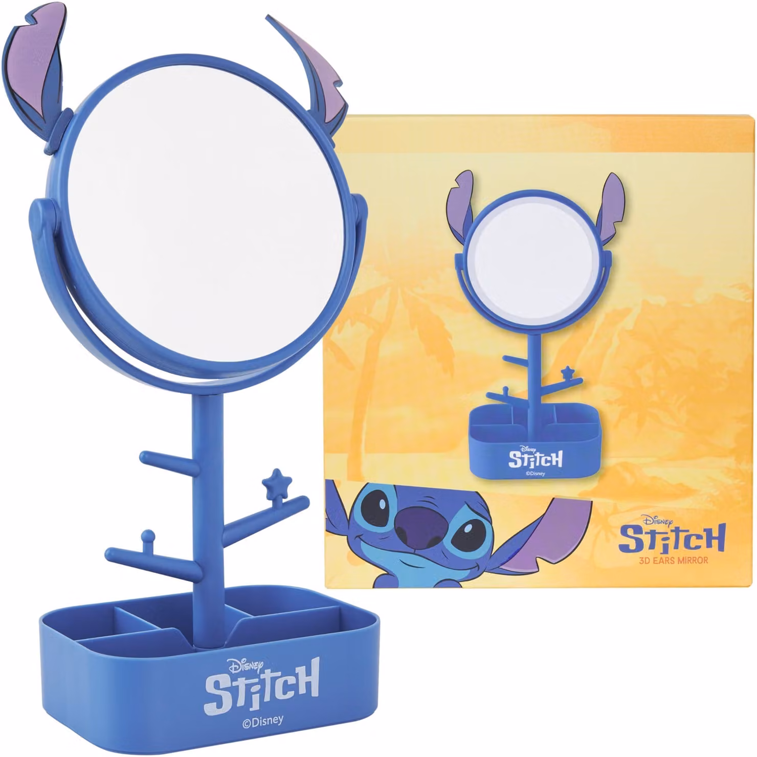 Specchio Stitch con portagioie, forma circolare, 20 cm, colore blu