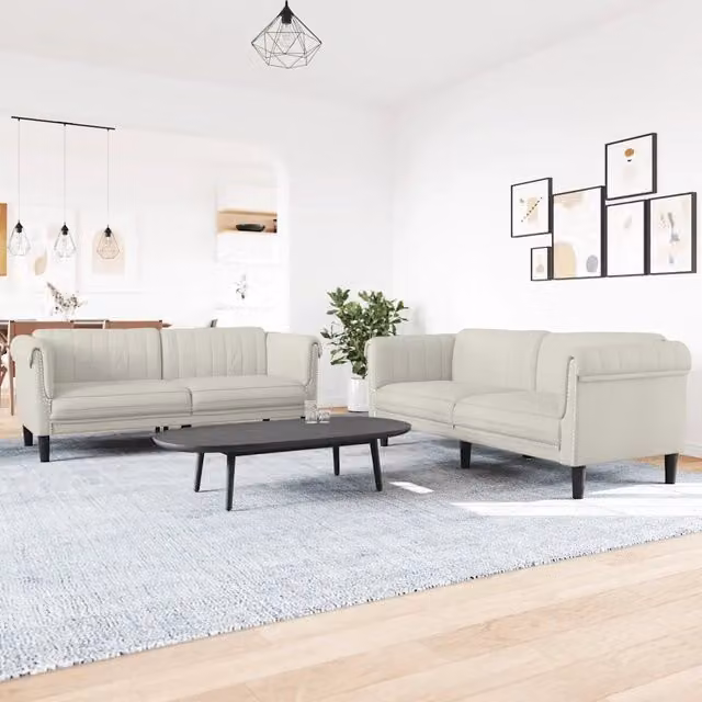 Set di divani vidaXL in velluto beige composto da un divano a 2 posti e un divano a 3 posti con struttura in legno e cuscini inclusi