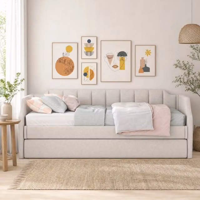 Letto singolo imbottito con letto estraibile 90x200 cm in tessuto cotone-lino beige