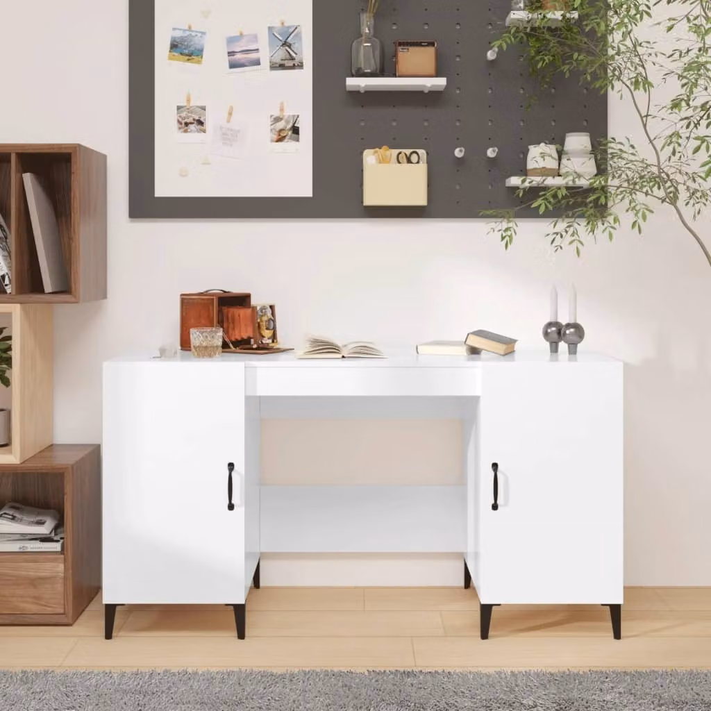 The Living Store Scrivania bianca lucida 140x50x75 cm in materiale ligneo