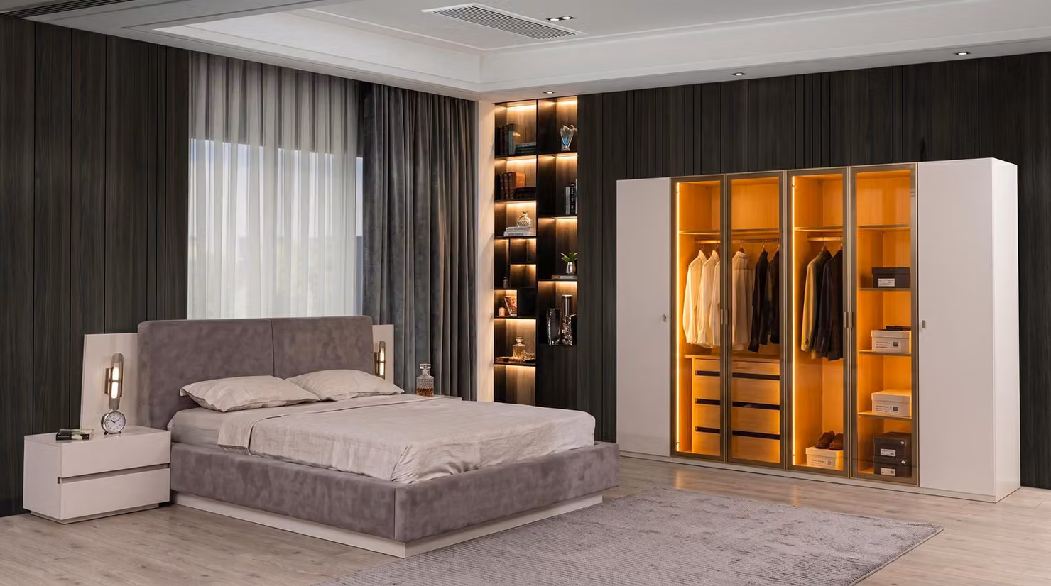 Set per camera da letto moderno: letto grigio, due comodini, armadio, stile lussuoso