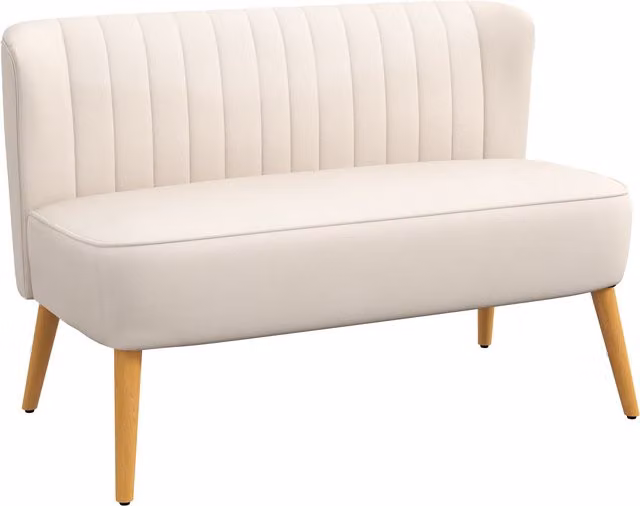 Divano HOMCOM design retrò a 2 posti con gambe in legno, bianco crema, L: 117 cm, P: 56,5 cm, H: 77 cm
