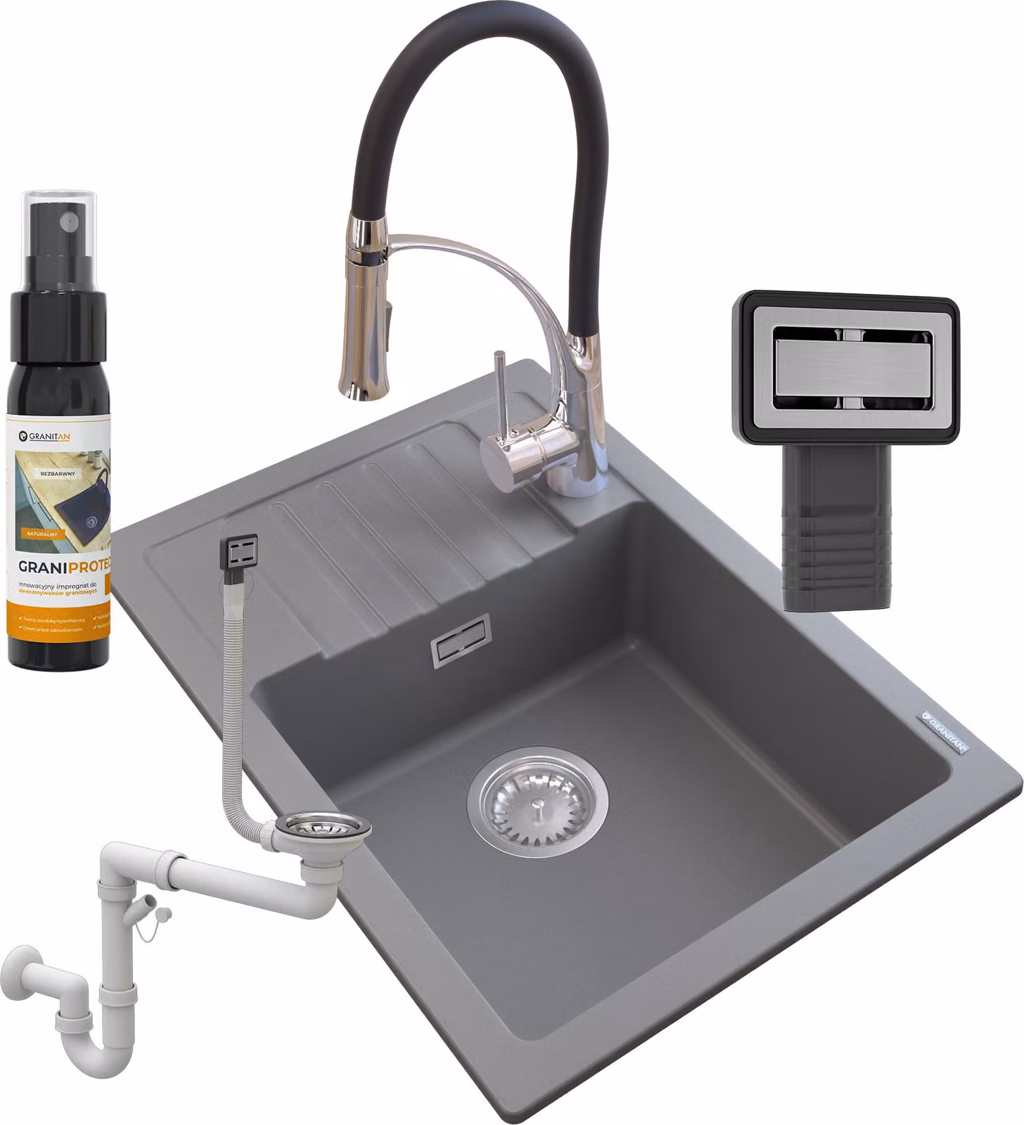 Granitan - Lavello in granito - Lavello da cucina - 62x44x18 cm - Grigio - con rubinetteria NEXO, sifone e trattamento impermeabilizzante