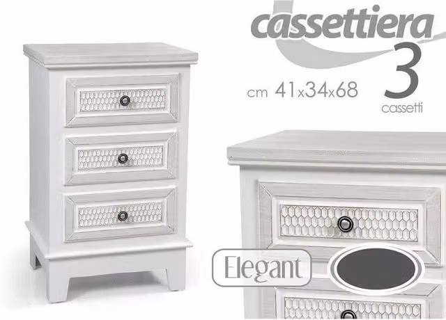 Trade Shop - Cassettiera 3 Cassetti Comodino Slim Mobile Elegant In Legno 41x34x68cm 801112 -