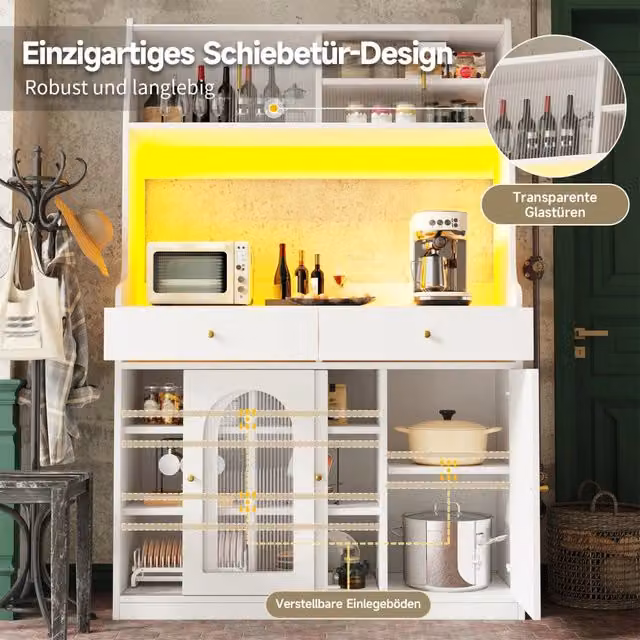 Mobile colonna da cucina MIVRAY bianco con ante scorrevoli in vetro, 2 cassetti, ripiani regolabili e illuminazione LED, L/P/H: 120 x 40 x 180 cm