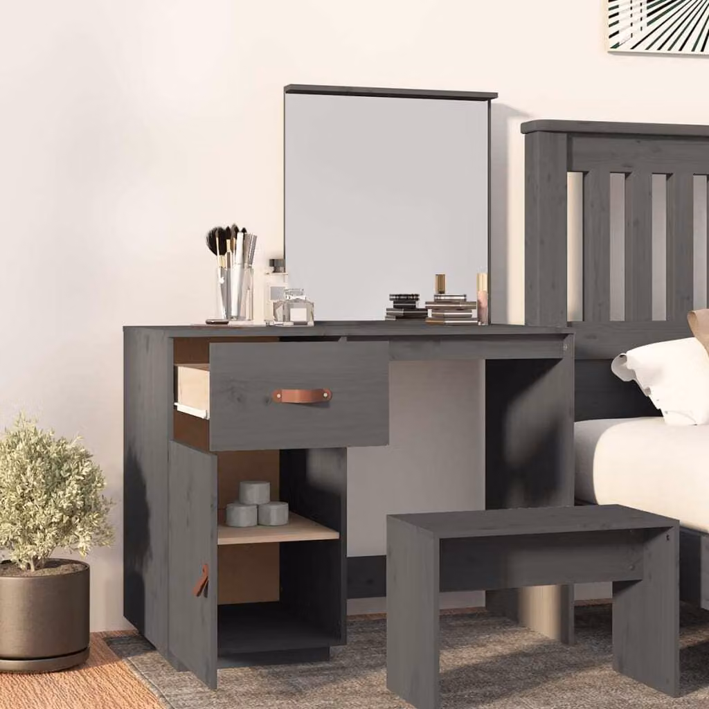 The Living Store Comodino grigio 95x50x134 cm in legno di pino massiccio