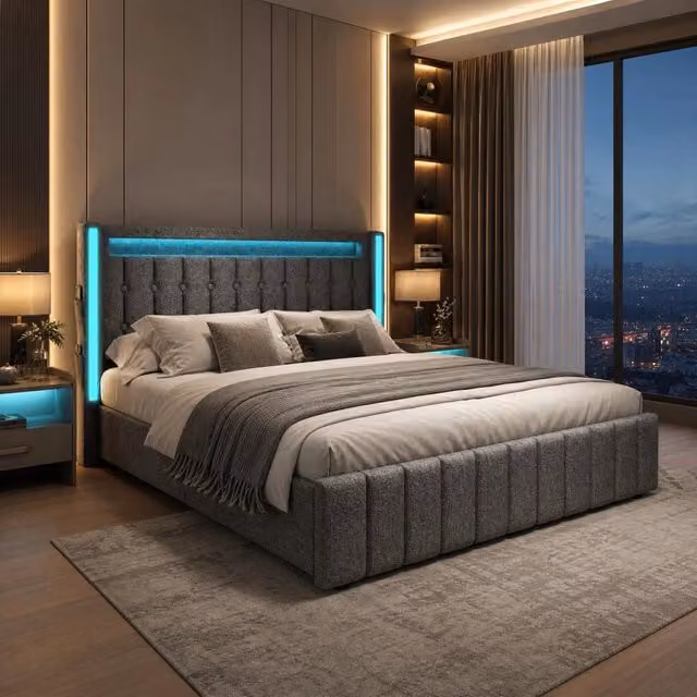 Letto con testiera 160x200 cm; LED; 4 cassetti e ricarica 3 USB + Type-C; grigio