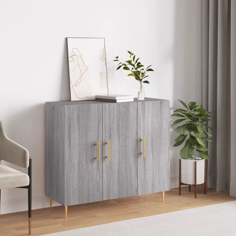 Credenza moderna vidaXL in legno multistrato e metallo, colore grigio, L 90 cm x P 34 cm x H 80 cm