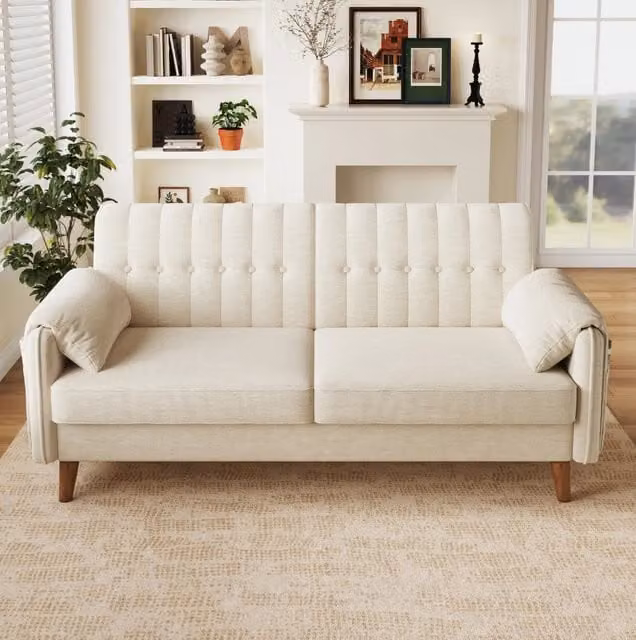 Divano 2 posti 161,5x79 cm beige in chenille, con tasche laterali