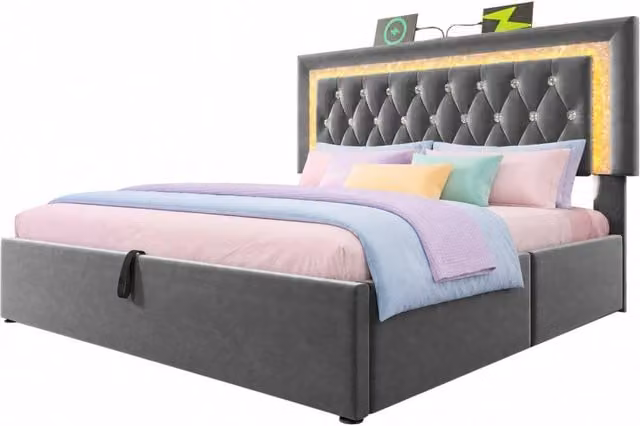 Letto matrimoniale 160x200 cm con contenitore idraulico; LED; USB e USB-C in velluto grigio