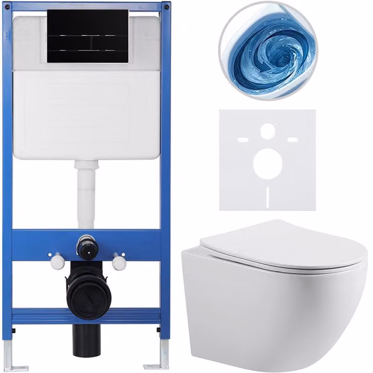 CERANO - Set completo per WC da incasso Lite/Cesso - bianco lucido - pulsante WC Line, nero opaco - installazione a parete - 49x36 cm