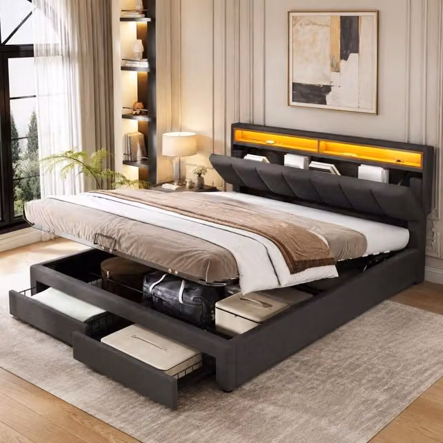 Letto imbottito REDOM grigio con illuminazione LED sotto il letto L/P: 160 x 200 cm