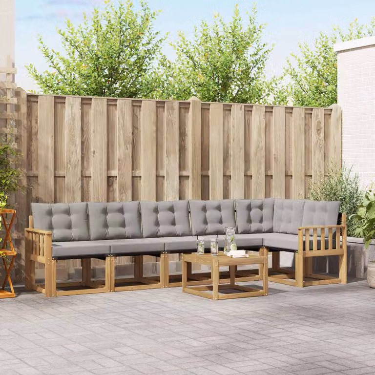Set di divani da esterno vidaXL a forma di L composto da 7 pezzi in legno di acacia con cuscini bianchi e grigi e tavolino da caffè