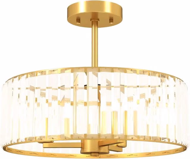 Lampada da soffitto moderna con paralume in cristallo trasparente e struttura in metallo oro per camera da letto o sala da pranzo