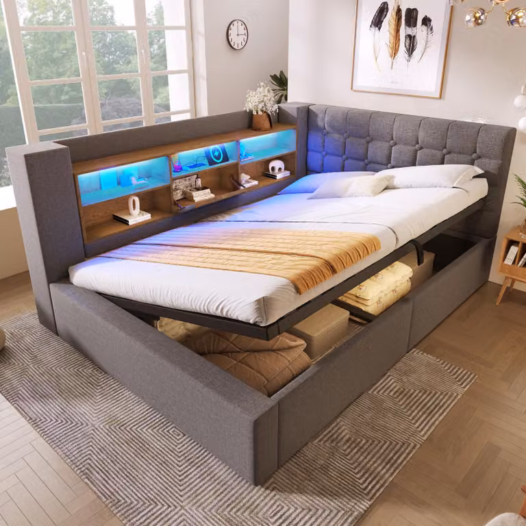 Divano letto idraulico Flieks 140x190cm con contenitore, letto imbottito con USB, letto per ragazzi con led e vani a giorno, biancheria matrimoniale, grigio
