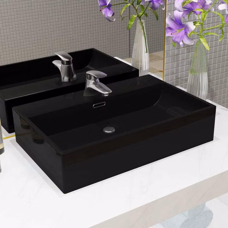 The Living Store Lavabo con foro per rubinetto in Vetroceramica nera 76 x 42,5 x 14,5 cm