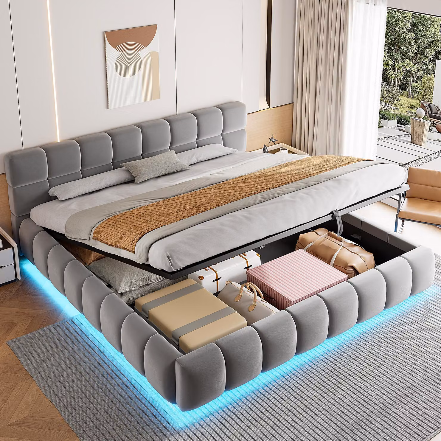 Letto imbottito Merax 180×200 cm con striscia luminosa a LED, telaio con vano contenitore idraulico, letto matrimoniale con testiera voluminosa in velluto, grigio