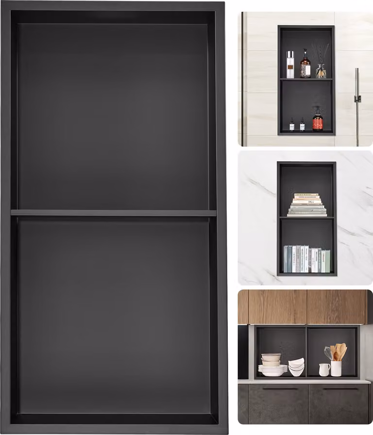 SucceBuy 33,02 x 63,5 cm, senza piastrelle, nicchia per doccia in acciaio inox 304, doppio ripiano da incasso a parete, impermeabile, resistente alla ruggine, nicchia moderna per la doccia o per riporre il sapone