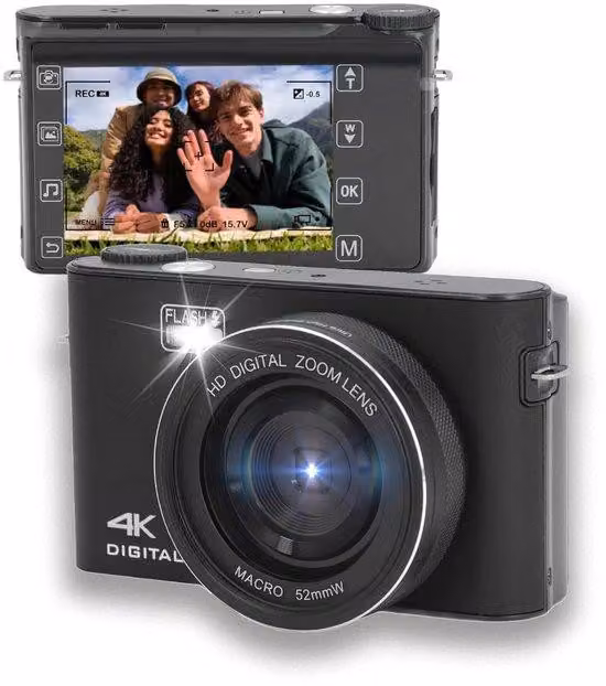 Fotocamera digitale 4K da 64 MP con zoom ottico 18x, touchscreen da 3 pollici, webcam e fotocamera da viaggio per bambini, ragazzi e principianti - 32 GB, nera