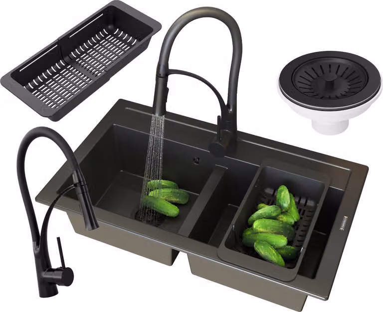 Granitan - Lavello in granito - Lavello da cucina - 2 vasche - 75x45 cm - Nero - con rubinetteria NEXO e sifone - DUET