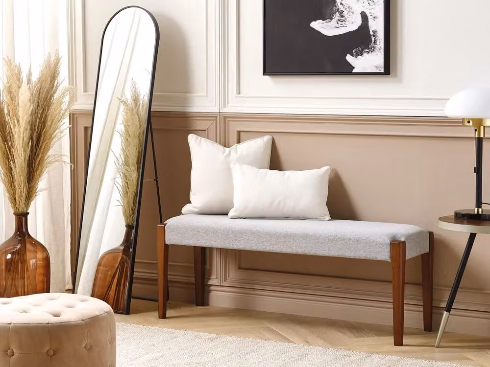 Panchina Beliani per corridoio grigia con seduta imbottita in tessuto e struttura in legno, L: 120 cm, P: 48 cm, H: 40 cm – 2