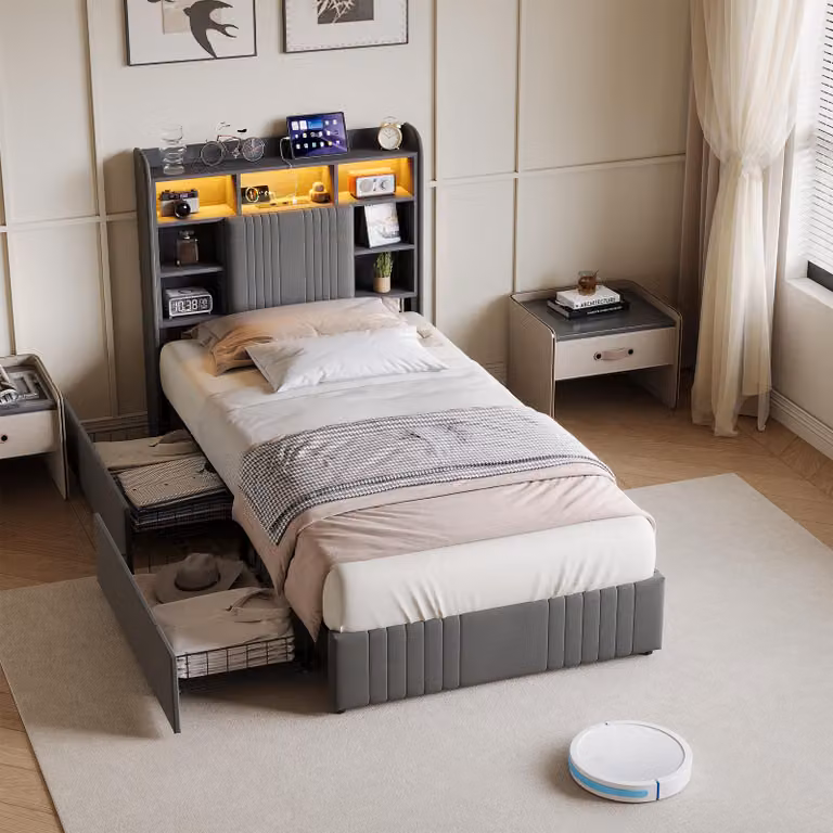 UnboxG Letto imbottito 90x200 cm grigio con 2 cassetti, letto con contenitore, testiera con mensola, illuminazione a LED e funzione di ricarica USB, letto singolo, struttura letto in tessuto di lino