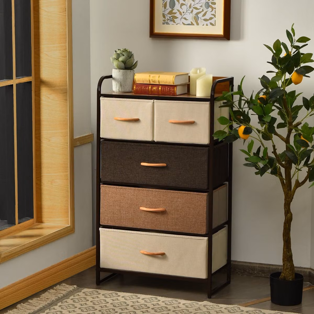 Cassettiera Costway con 5 cassetti pieghevoli in tessuto e superficie in legno, organizer moderno multicolore per ingresso