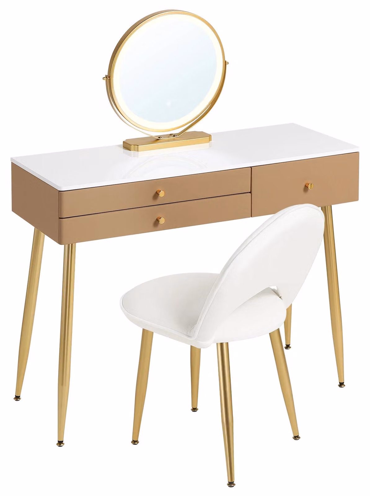 Comò da trucco con specchio, illuminazione a LED, cassettiera, regolabile, dimensioni 100x40x122 cm, 3 cassetti, inclusa una panca