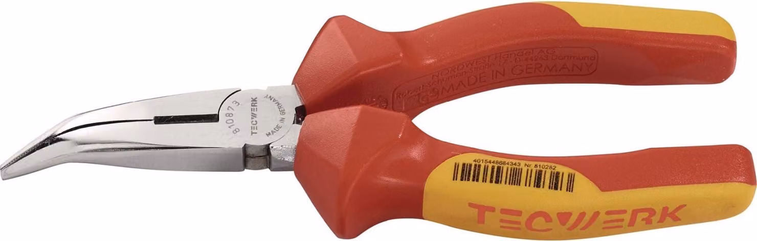Pinza a becchi piatti, lunghezza 160 mm, angolo di 40 gradi, isolata VDE, per cavi multifilari, marca TECWERK
