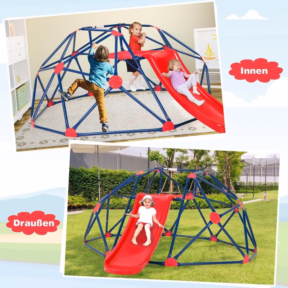 Struttura da arrampicata con cupola e scivolo a forma di cupola 241,5 x 183 x 91,5 cm rosso