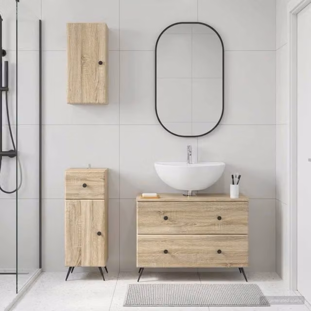 Set di mobili da bagno moderno vidaXL in legno marrone composto da base lavabo e pensili a muro L/P/H: 82,0 x 42,75 x 80,0 cm e 41,0 x 34,0 x 80,0 cm