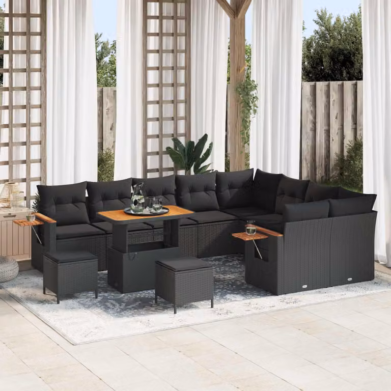 Set Divano da Giardino vidaXL 13 Pezzi Nero con Cuscini e Tavolino da Esterno in Polyrattan e Acciaio