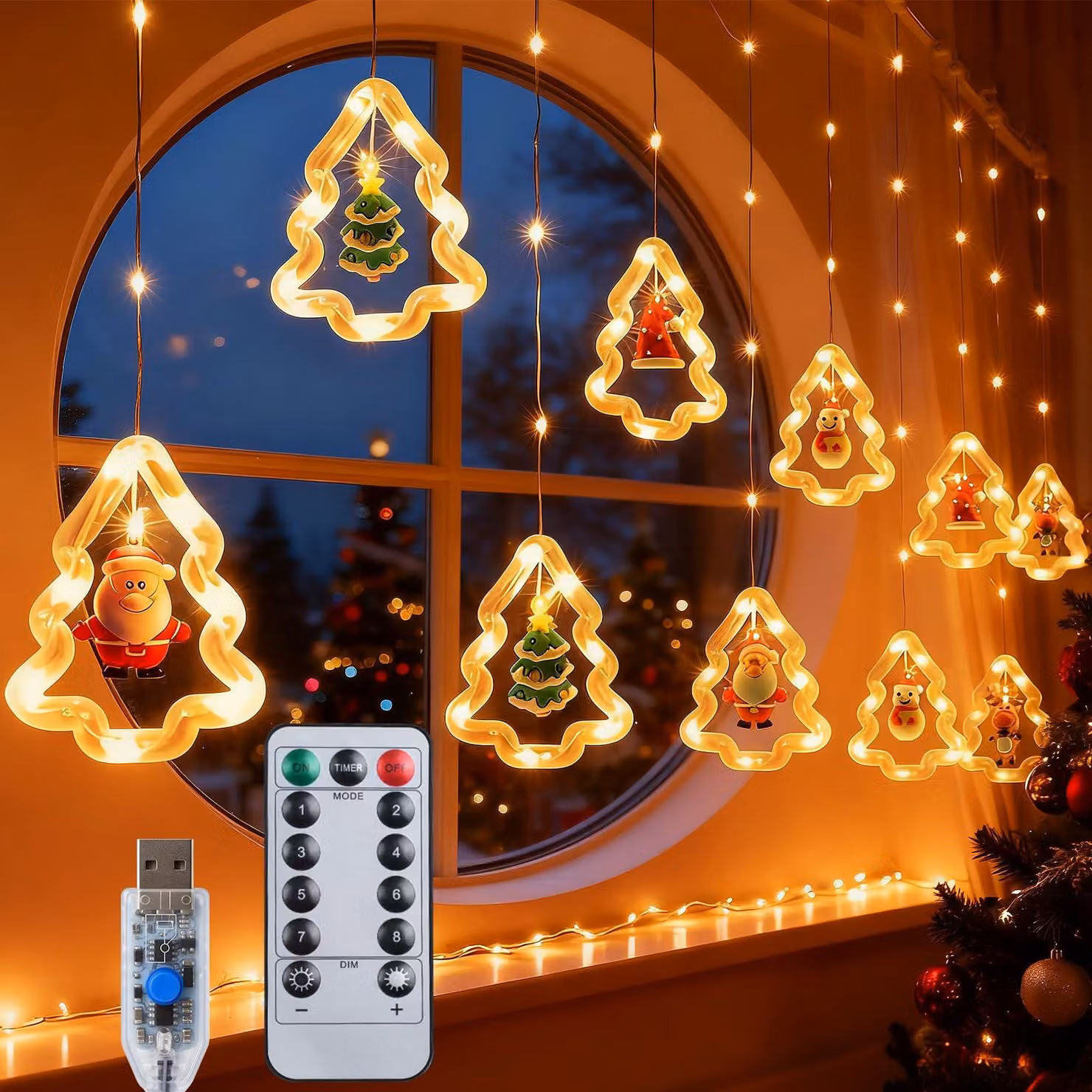 Catena luminosa natalizia, forma ad albero di Natale, 100 LED, alimentazione USB, luce bianco caldo, timer