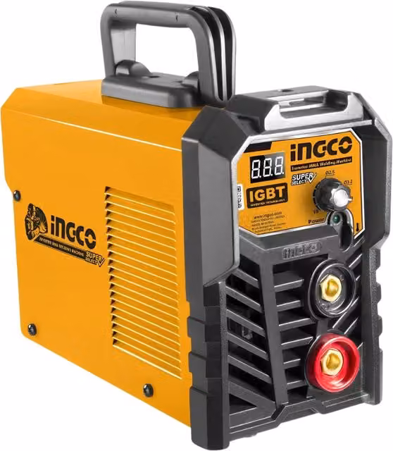 Saldatrice inverter portatile INGCO modello MMA 10-160Ah gialla con elmetto e spazzola