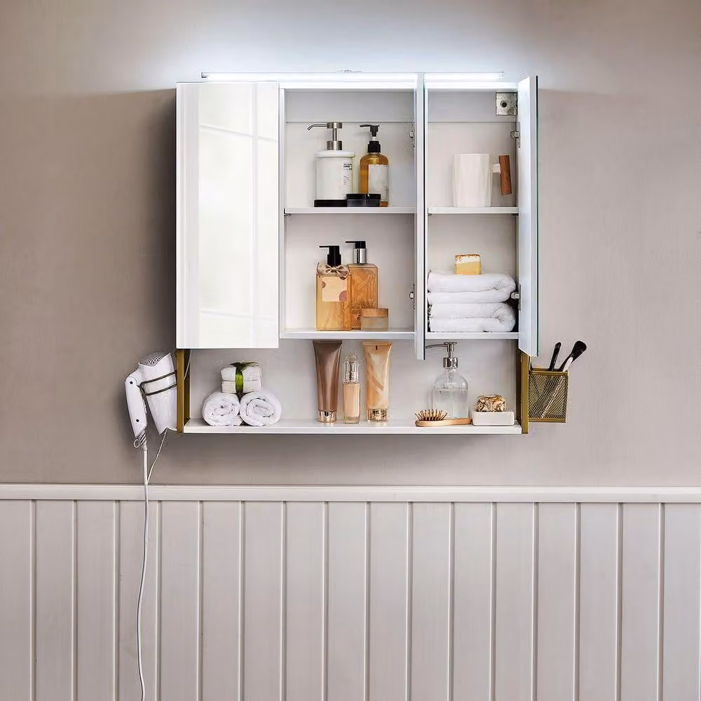 Mobiletto da bagno con specchio e illuminazione a LED, bianco e oro, 70 x 14,5 x 70 cm