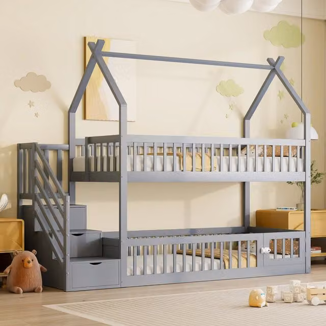 Letto a castello per bambini 90x200 cm in pino massello con tetto a casetta; scala contenitore; grigio
