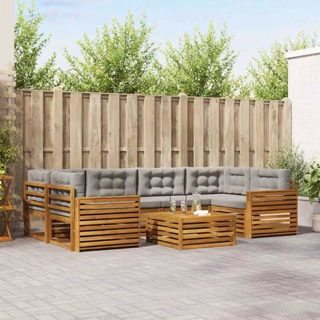 Set di divani da esterno a L vidaXL in legno di acacia con cuscini grigi e tavolino da giardino – 1
