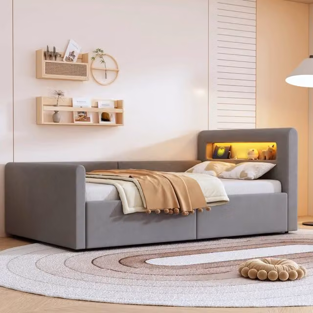 Letto imbottito 90x200 cm con LED; luce notturna; USB e contenitore idraulico in velluto grigio