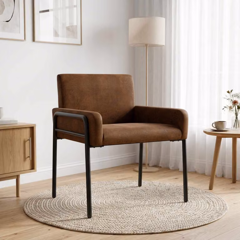 Sedia d'accento moderna vidaXL in pelle sintetica marrone con braccioli e struttura in metallo e MDF