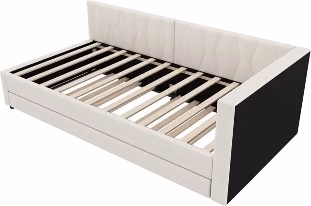 Letto giorno estraibile 90x200 cm in lino beige con illuminazione LED e ricarica USB/Type-C, struttura con rete a doghe senza materasso